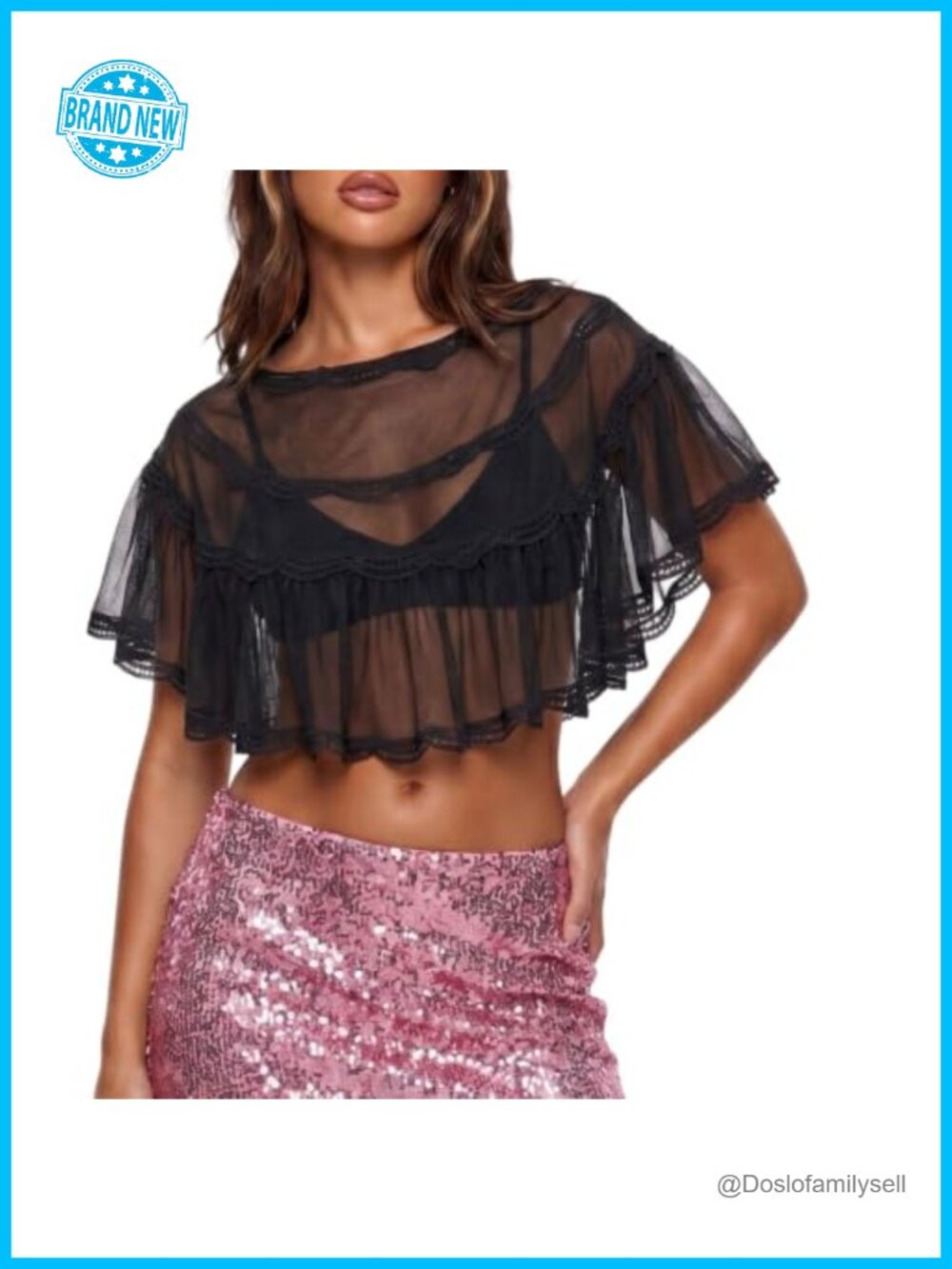 Sheer Lace Mesh Cropped Top Ruffle Sleeve Off-Shoulder Summer Blouse